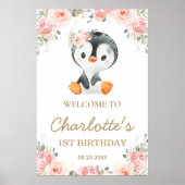 Pink Blush Floral Penguin 1e verjaardag Welkom Poster (Voorkant)