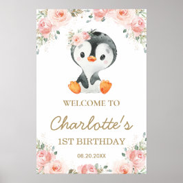 Pink Blush Floral Penguin 1e verjaardag Welkom Poster