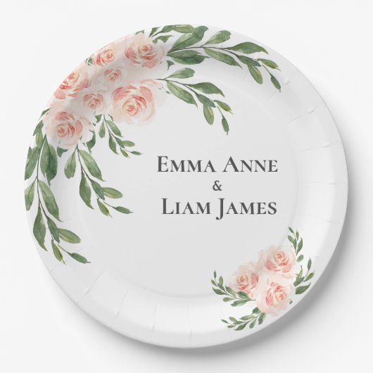 Pink Blush Floral Romantic Elegant Script Greenery Papieren Bordje (Voorkant)