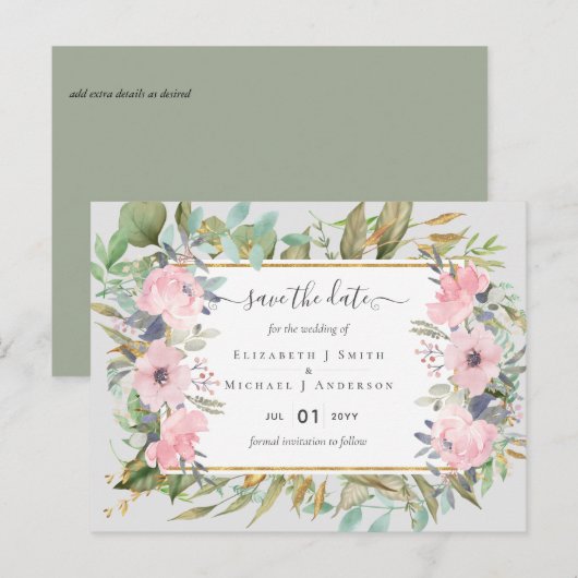 Pink Blush Floral Sage Greenery Save Dates Briefkaart (Voorkant / Achterkant)
