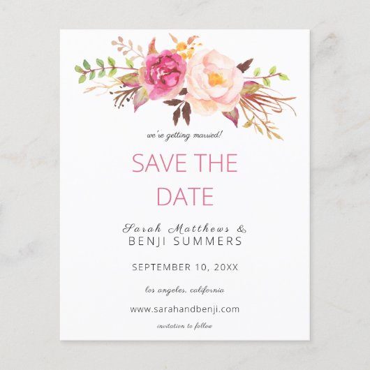 Pink Blush Floral van de begroting sparen de Datum Flyer (Voorkant)