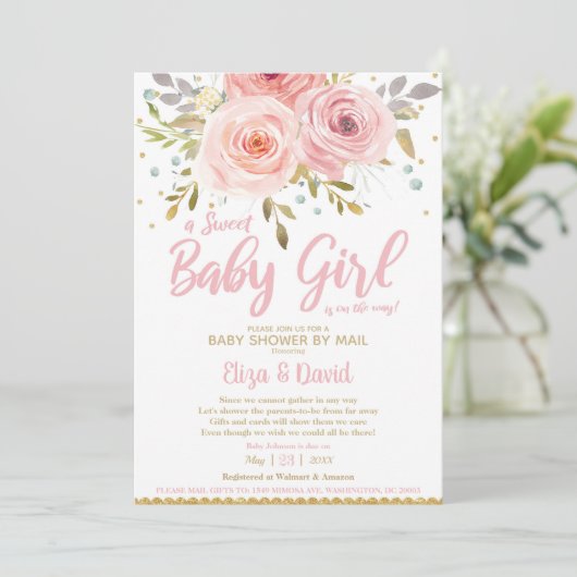 Pink Blush Floral Virtual Baby shower by Mail Girl Kaart (Staand voorkant)