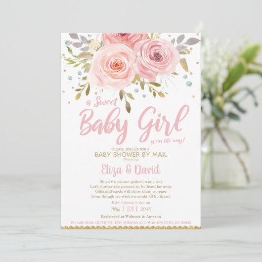 Pink Blush Floral Virtual Baby shower by Mail Girl Kaart (Staand voorkant)