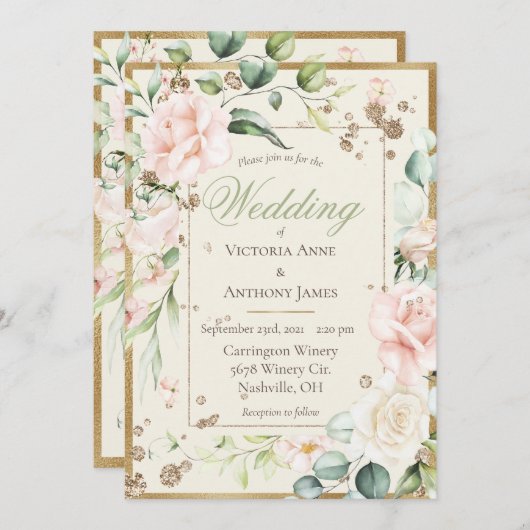 Pink Blush Floral Waterverf Wedding Kaart (Voorkant / Achterkant)