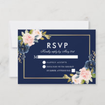 Pink Blush Floral Weddenschap RSVP Blue Gold