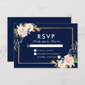 Pink Blush Floral Weddenschap RSVP Blue Gold (Voorkant / Achterkant)