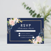 Pink Blush Floral Weddenschap RSVP Blue Gold Kaartje (Staand voorkant)