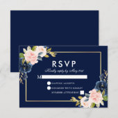 Pink Blush Floral Weddenschap RSVP Blue Gold Kaartje (Voorkant / Achterkant)