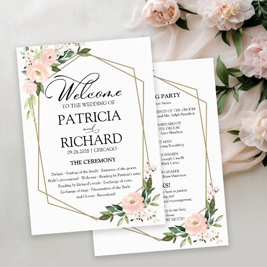 Pink Blush Floral Wedding Ceremony Program Kaart