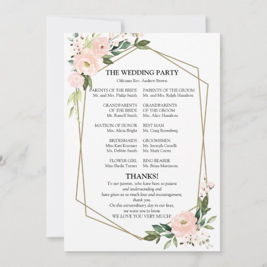 Pink Blush Floral Wedding Ceremony Program Kaart (Achterkant)