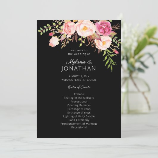 Pink Blush Floral Wedding Ceremony Programme Black Kaart (Staand voorkant)
