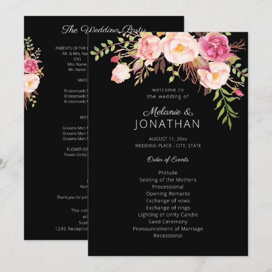 Pink Blush Floral Wedding Ceremony Programme Black Kaart (Voorkant / Achterkant)
