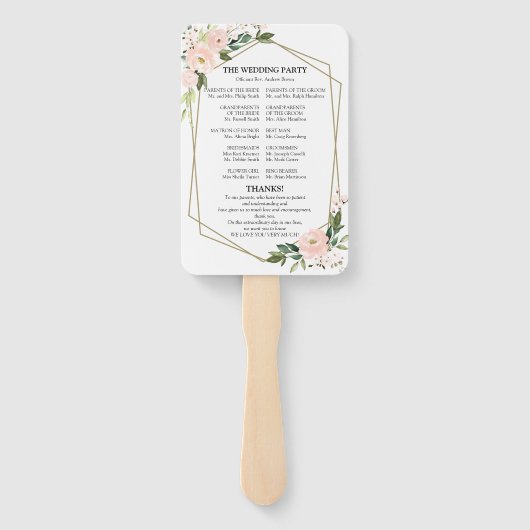 Pink Blush Floral Wedding Ceremony Programme Handwaaier (Achterkant)