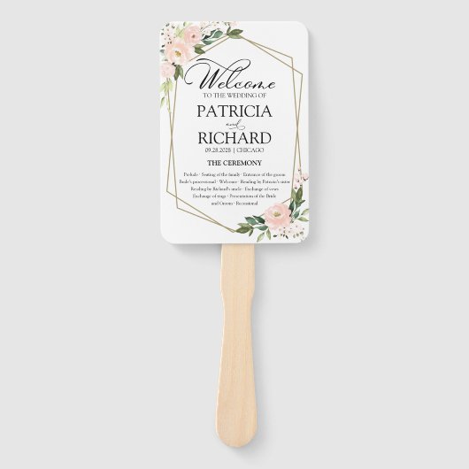 Pink Blush Floral Wedding Ceremony Programme Handwaaier (Voorkant)