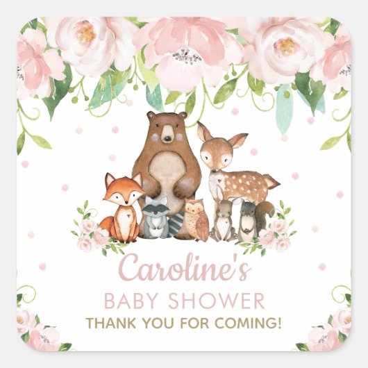 Pink Blush Floral Woodland Animals Dank u voor uw Vierkante Sticker (Voorkant)