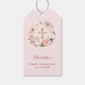 Pink blush floral wreath cross First Communion DIY Cadeaulabel (Voorkant)