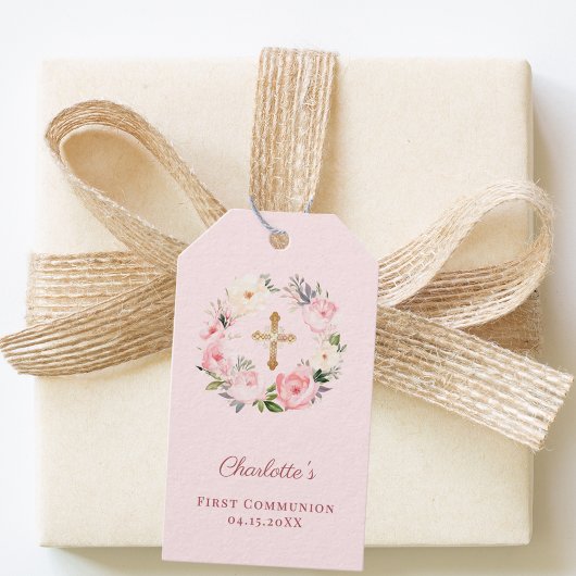 Pink blush floral wreath cross First Communion DIY Cadeaulabel