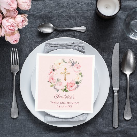 Pink blush floral wreath First Communion luncheon Servet