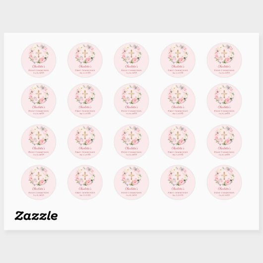 Pink blush floral wreath First Communion Ronde Sticker (Vel)