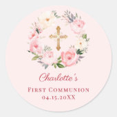 Pink blush floral wreath First Communion Ronde Sticker (Voorkant)