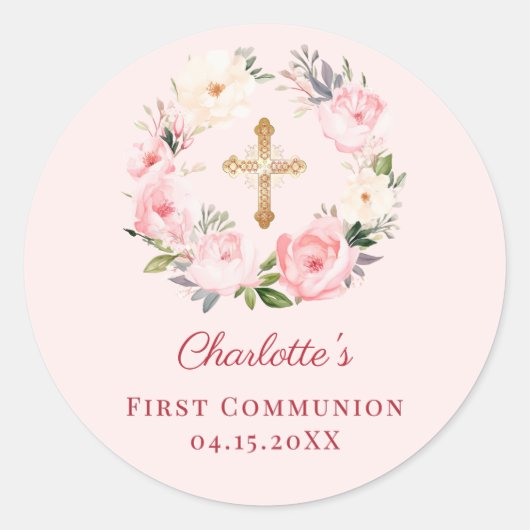 Pink blush floral wreath First Communion Ronde Sticker (Voorkant)