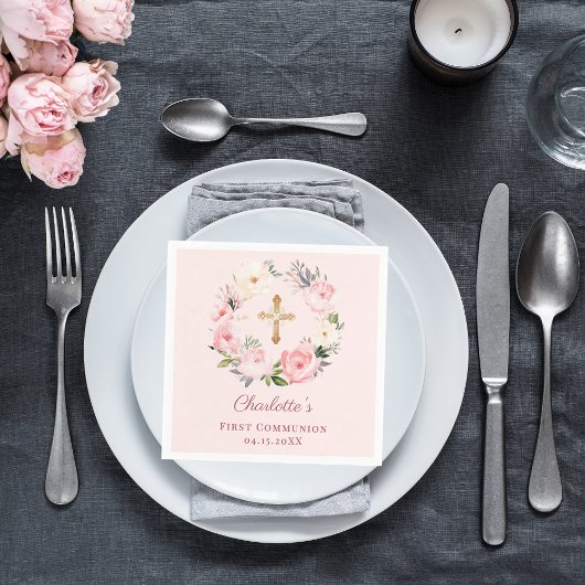 Pink blush floral wreath girl First Communion Servet