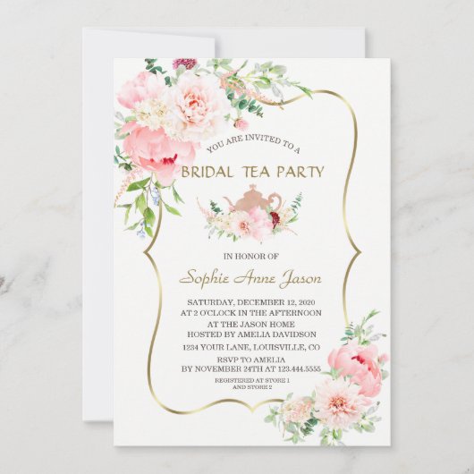 Pink Blush Flowers Gold Bridal Tea Party Kaart (Voorkant)