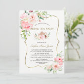 Pink Blush Flowers Gold Bridal Tea Party Kaart (Staand voorkant)
