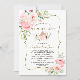 Pink Blush Flowers Gold Bridal Tea Party Kaart