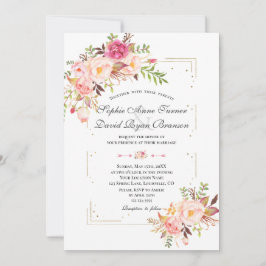 Pink Blush Flowers Gold Glitter Lijst Weddenschap Kaart