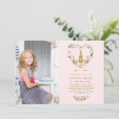 Pink Blush Flowers Gold Unicorn Foto Birthday Kaart (Staand voorkant)