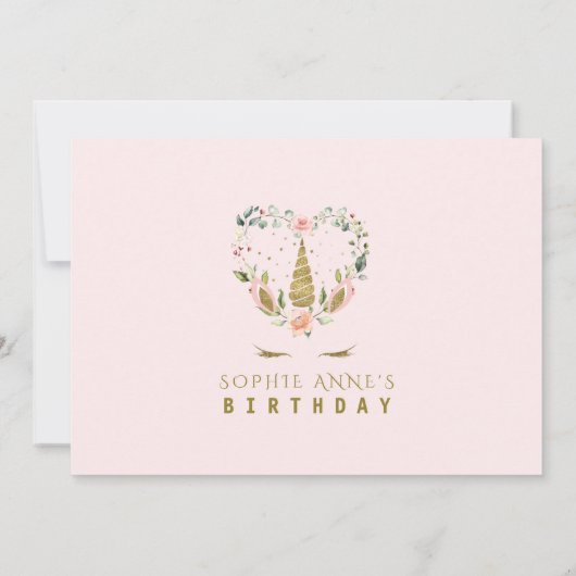 Pink Blush Flowers Gold Unicorn Foto Birthday Kaart (Achterkant)