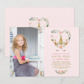 Pink Blush Flowers Gold Unicorn Foto Birthday Kaart (Voorkant / Achterkant)