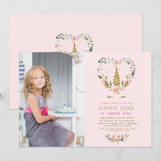 Pink Blush Flowers Gold Unicorn Foto Birthday Kaart (Voorkant / Achterkant)