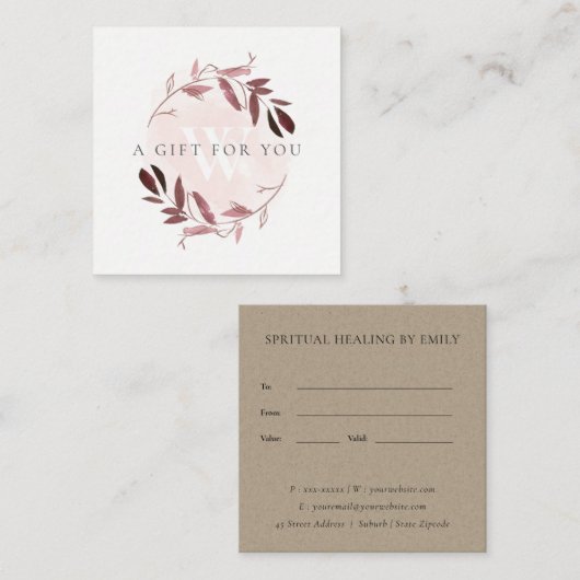 PINK BLUSH FOLIAGE INITIAAL WREATH GIFT CERTIFICAA VIERKANTE VISITEKAARTJE (Voorkant / Achterkant)