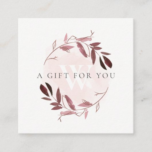 PINK BLUSH FOLIAGE INITIAAL WREATH GIFT CERTIFICAA VIERKANTE VISITEKAARTJE (Voorkant)