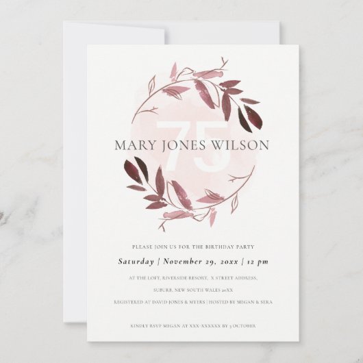 PINK BLUSH FOLIAGE WREATH ANY LEEF 75 BIRTHDAY KAA BEDANKKAART (Voorkant)