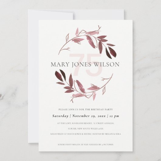 PINK BLUSH FOLIAGE WREATH ANY LEEF 75 BIRTHDAY KAA BEDANKKAART (Voorkant)