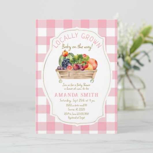 Pink Blush Fruits Veggies Gingham Baby shower Kaart (Staand voorkant)