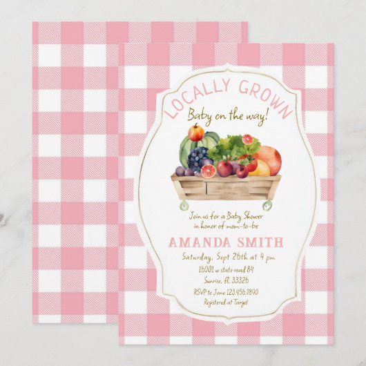 Pink Blush Fruits Veggies Gingham Baby shower Kaart (Voorkant / Achterkant)