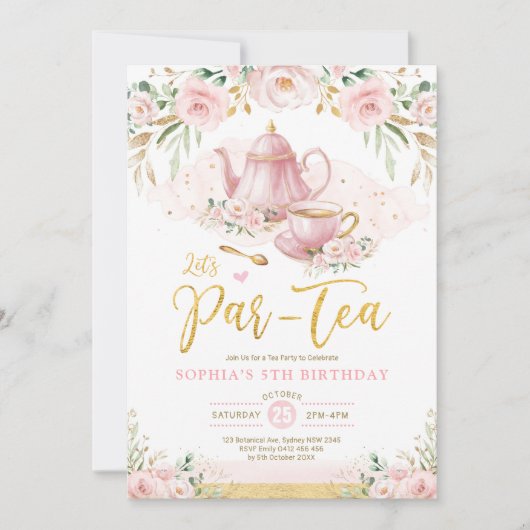 Pink Blush Gold Floral Girls Birthday Tea Party Kaart (Voorkant)