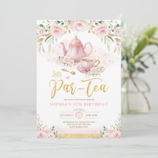 Pink Blush Gold Floral Girls Birthday Tea Party Kaart (Staand voorkant)