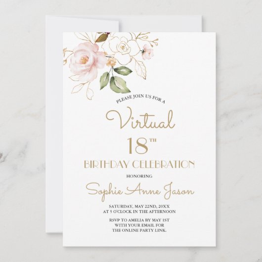 Pink Blush Gold Floral Virtual 18th Birthday Party Kaart (Voorkant)