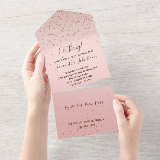 Pink Blush Gold Glitzy Confetti Wedding All In One Uitnodiging (Afscheurbaar)
