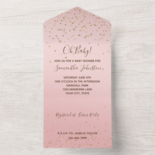 Pink Blush Gold Glitzy Confetti Wedding All In One Uitnodiging (Binnen)