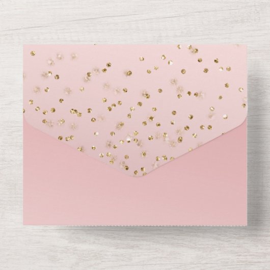 Pink Blush Gold Glitzy Confetti Wedding All In One Uitnodiging (Achterkant)