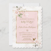 Pink Blush Gold Invitacion De Bautizo Con Flores Kaart (Voorkant)