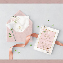 Pink Blush Gold Invitacion De Bautizo Con Flores Kaart