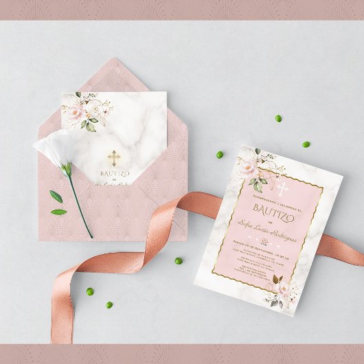 Pink Blush Gold Invitacion De Bautizo Con Flores Kaart
