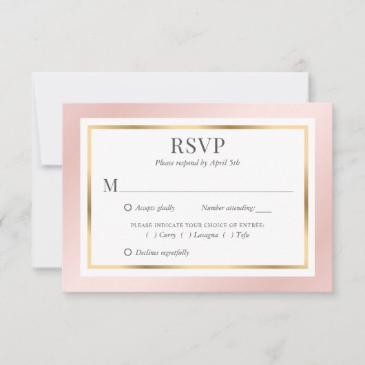 Pink Blush Gold Meal Choices Elegant Wedding RSVP Kaartje (Voorkant)